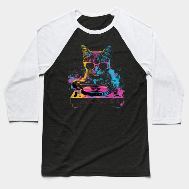 Cat DJ Bass Baseball T-Shirt by BilodeauBlue